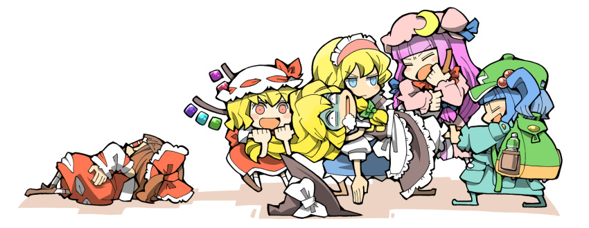 6+girls alice_margatroid asphyxiation bad_id bad_pixiv_id blonde_hair family_guy_death_pose_(meme) flandre_scarlet foaming_at_the_mouth hakurei_reimu hounori human_tug_of_war kawashiro_nitori kirisame_marisa meme multiple_girls patchouli_knowledge pulling strangling touhou two_side_up