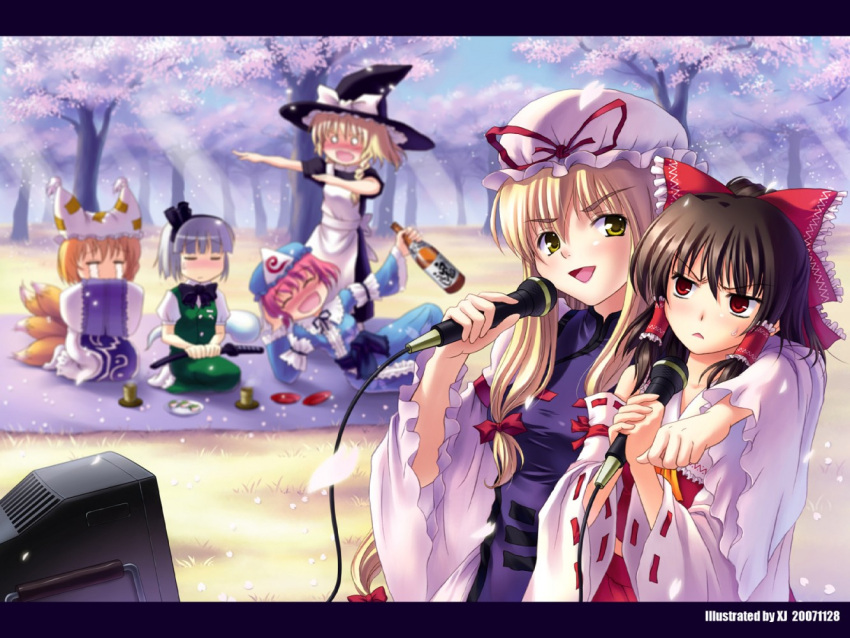 2007 6+girls alcohol animal_hat blonde_hair blush bottle brown_hair cherry_blossoms commentary_request detached_sleeves dress drunk fox_tail grey_hair hakurei_reimu hanami hat hitodama karaoke katana kirisame_marisa konpaku_youmu konpaku_youmu_(ghost) letterboxed long_hair long_sleeves md5_mismatch microphone mob_cap multiple_girls multiple_tails o_o petals red_eyes resolution_mismatch saigyouji_yuyuko scabbard sheath short_hair short_sleeves source_smaller sword tail tassel touhou tree weapon white_hair wide_sleeves witch_hat xiaojing yakumo_ran yakumo_yukari yellow_eyes