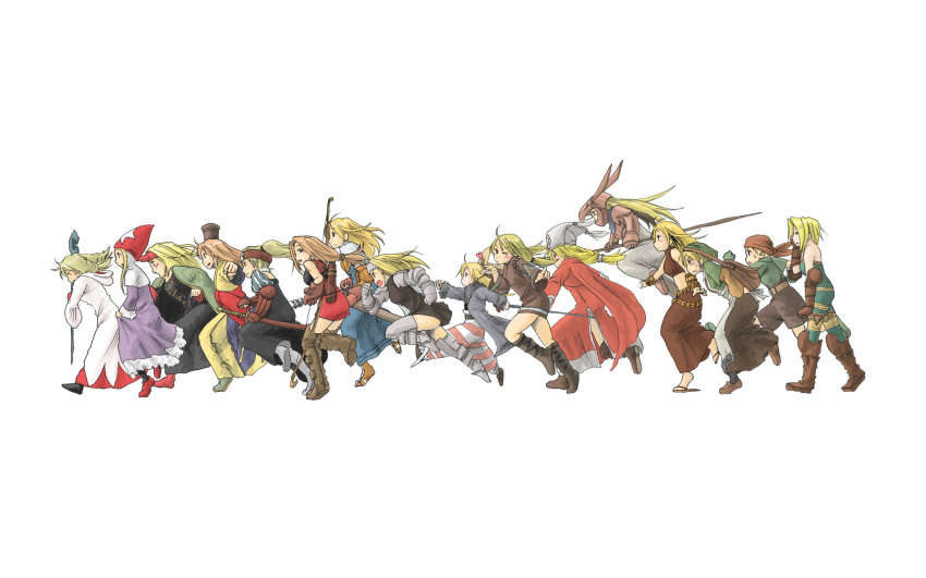 6+girls abekawa archer_(fft) arithmetician_(fft) armor bandana black_mage_(fft) black_mage_(final_fantasy) blonde_hair blush boots bow_(weapon) cape chemist_(fft) cropped dancer_(fft) dragoon_(fft) dragoon_(final_fantasy) final_fantasy final_fantasy_tactics geomancer_(fft) gloves hair_bun hat headband heart helmet highres knight_(fft) leggings long_hair monk_(fft) multiple_girls mystic_(fft) orator_(fft) polearm ponytail samurai_(fft) sheath sheathed short_hair single_hair_bun spear squire_(fft) striped summoner_(fft) sword thief_(fft) time_mage time_mage_(fft) weapon white_mage_(fft) white_mage_(final_fantasy)