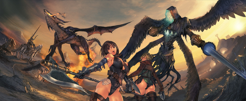 2girls armor ass battlefield boots breasts commentary_request dagger dragon fantasy_earth_zero highres horse horseback_riding kanda_(ura-kanda) knife knight large_breasts leather leotard letterboxed monster multiple_girls polearm revision riding weapon western_dragon wings