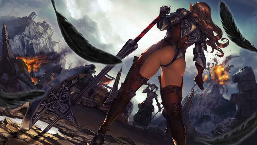 absurdres armor ass axe back battlefield boots border brown_hair castle chainmail cloud commentary_request elf explosion fantasy_earth_zero feathers female fire greaves grin highres horns kanda_(ura-kanda) legs long_hair original pauldrons planted pointy_ears revision ruins shoulder_armor sky smile smoke weapon