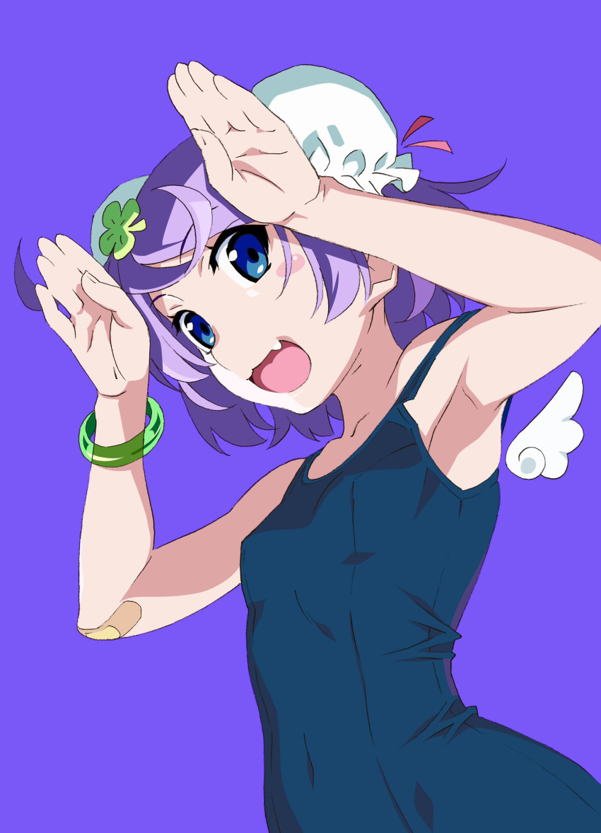 bandaid bandaid_on_arm blue_eyes blush_stickers breasts bun_cover commentary_request covered_navel double_bun female hair_bun hands_up highres looking_at_viewer mii_(popotan) mini_wings oerba_yun_fang popotan purple_background purple_hair short_hair simple_background small_breasts smile solo upper_body watanabe_akio wings