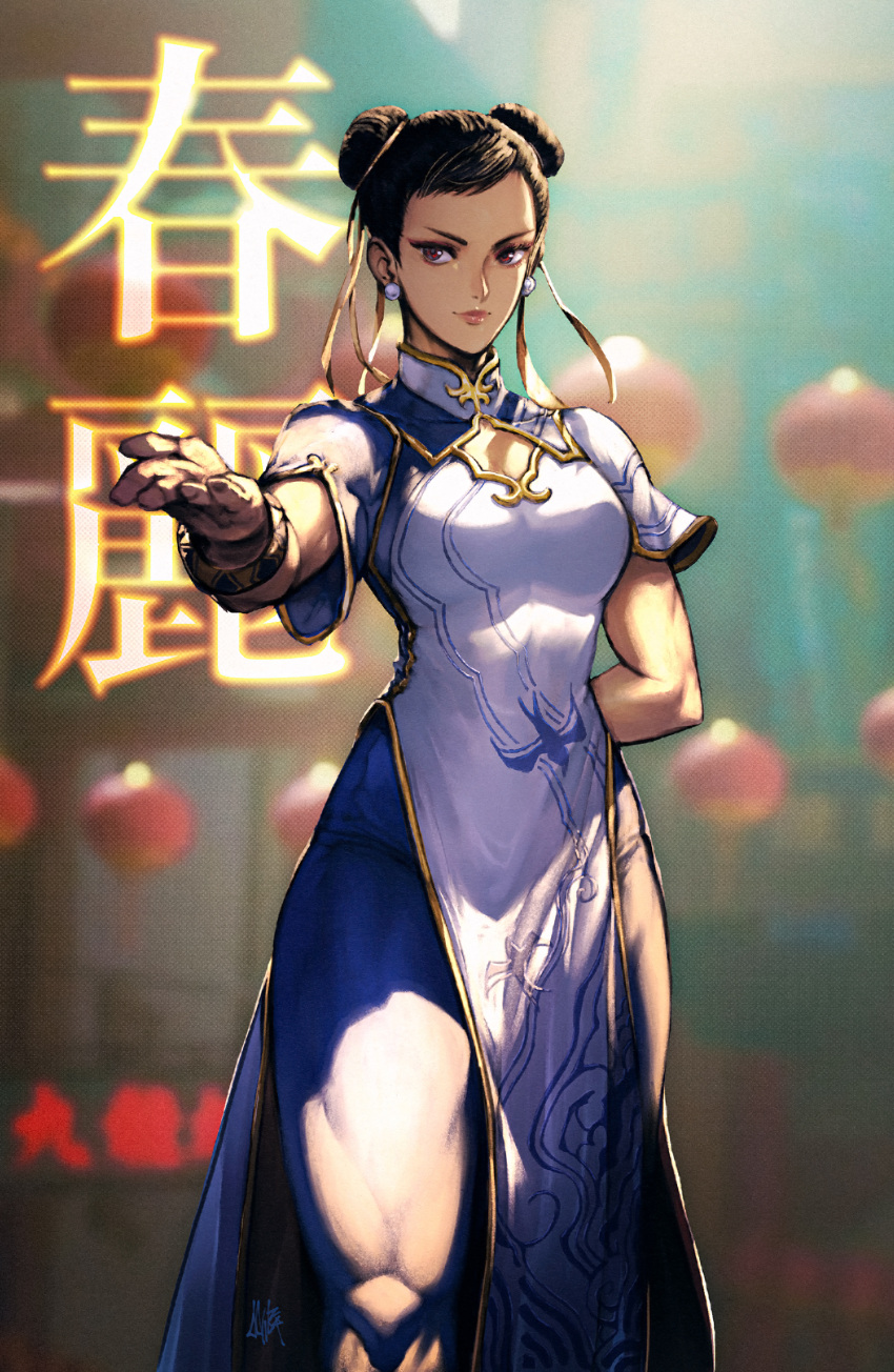 absurdres arm_behind_back black_hair blurry blurry_background chinese_clothes chun-li david_liu double_bun earrings female fighting_stance hair_bun hair_ribbon highres jewelry lantern looking_at_viewer muscular muscular_female outstretched_arm pants paper_lantern pearl_earrings ribbon smile solo street_fighter street_fighter_6 thick_thighs thighs tight_clothes tight_pants