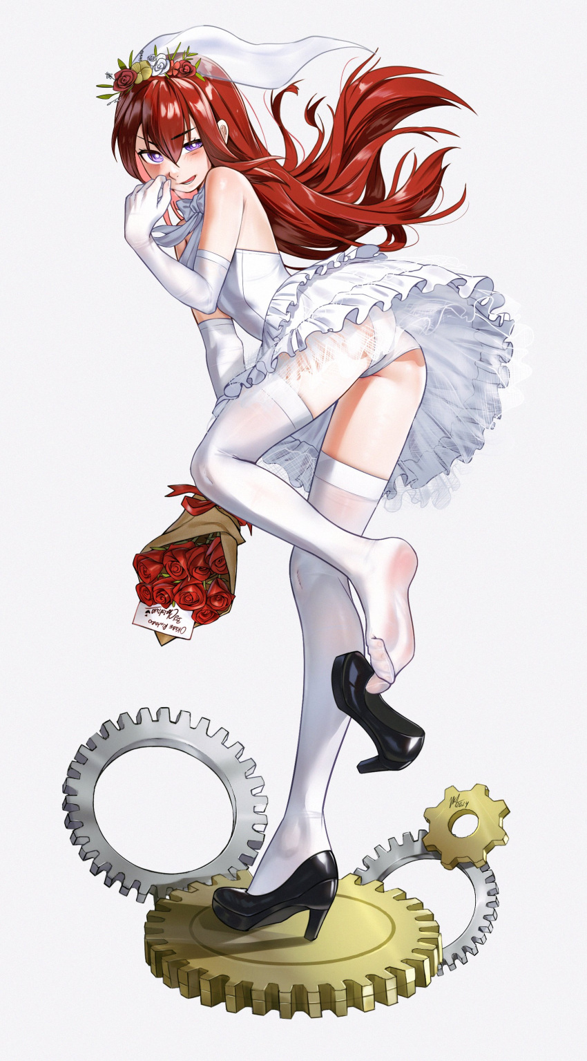 absurdres ass black_footwear blue_eyes bouquet bridal_veil dress female flower gears gloves highres holding holding_bouquet long_hair makise_kurisu red_flower red_hair red_rose rose simple_background steins;gate underwear veil waligner wedding_dress white_background white_dress white_gloves