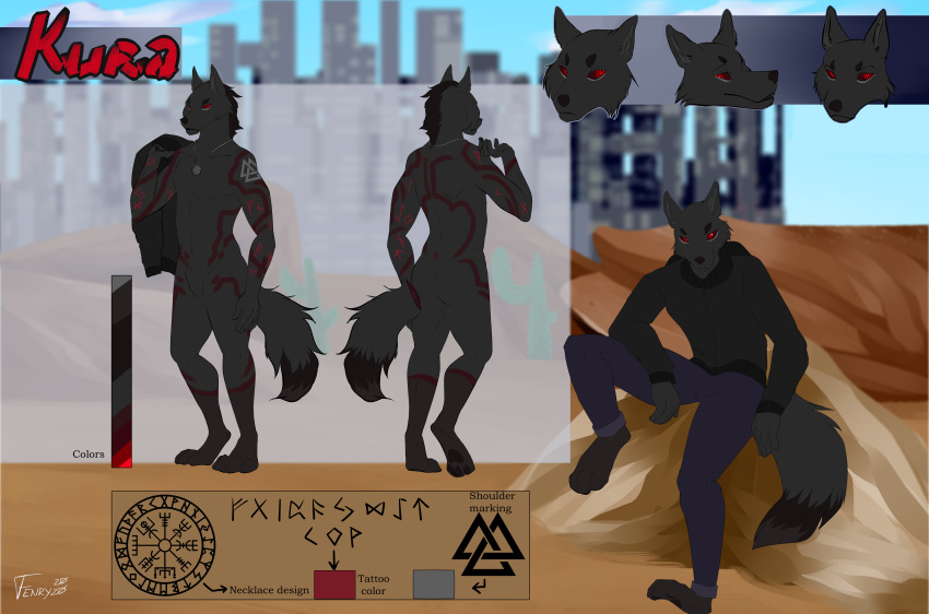 absurd_res anthro black_body black_fur canid canine canis city clothing desert english_text fefran fur futhark glowing glowing_runes hi_res icelandic_magical_stave jacket jewelry kura kurawulf leather leather_clothing leather_jacket leather_topwear male mammal markings model_sheet multiple_angles necklace norse_runes occult_symbol red_eyes red_markings runes solo symbol text topwear valknut vegvisir wolf