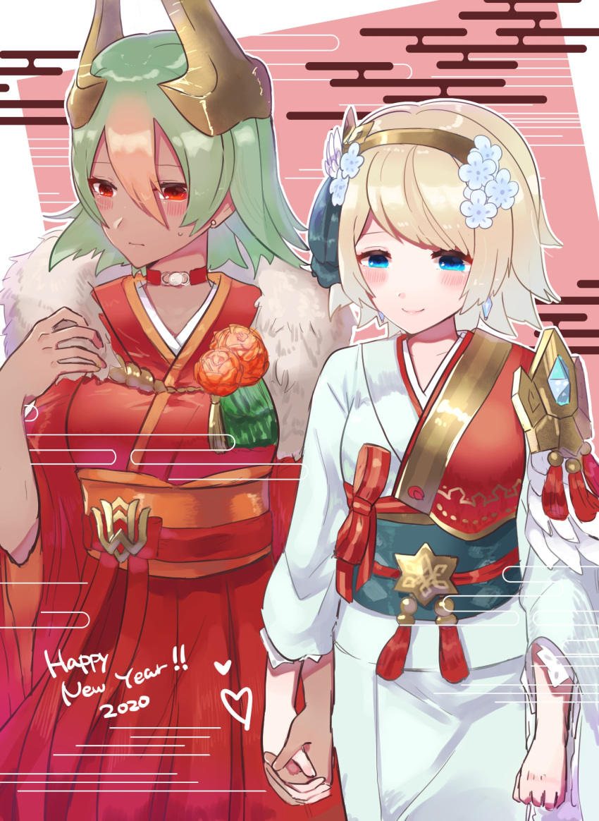 2020 2girls blonde_hair blue_eyes closed_mouth commentary_request couple dark-skinned_female dark_skin fire_emblem fire_emblem_heroes fjorm_(fire_emblem) fjorm_(new_year)_(fire_emblem) flower gradient_hair green_hair hair_flower hair_ornament hairband happy_new_year highres holding_hands horns japanese_clothes kimono laegjarn_(fire_emblem) laegjarn_(new_year)_(fire_emblem) long_sleeves multicolored_hair multiple_girls new_year obi orange_hair red_eyes sakuramotikun sash short_hair smile yuri