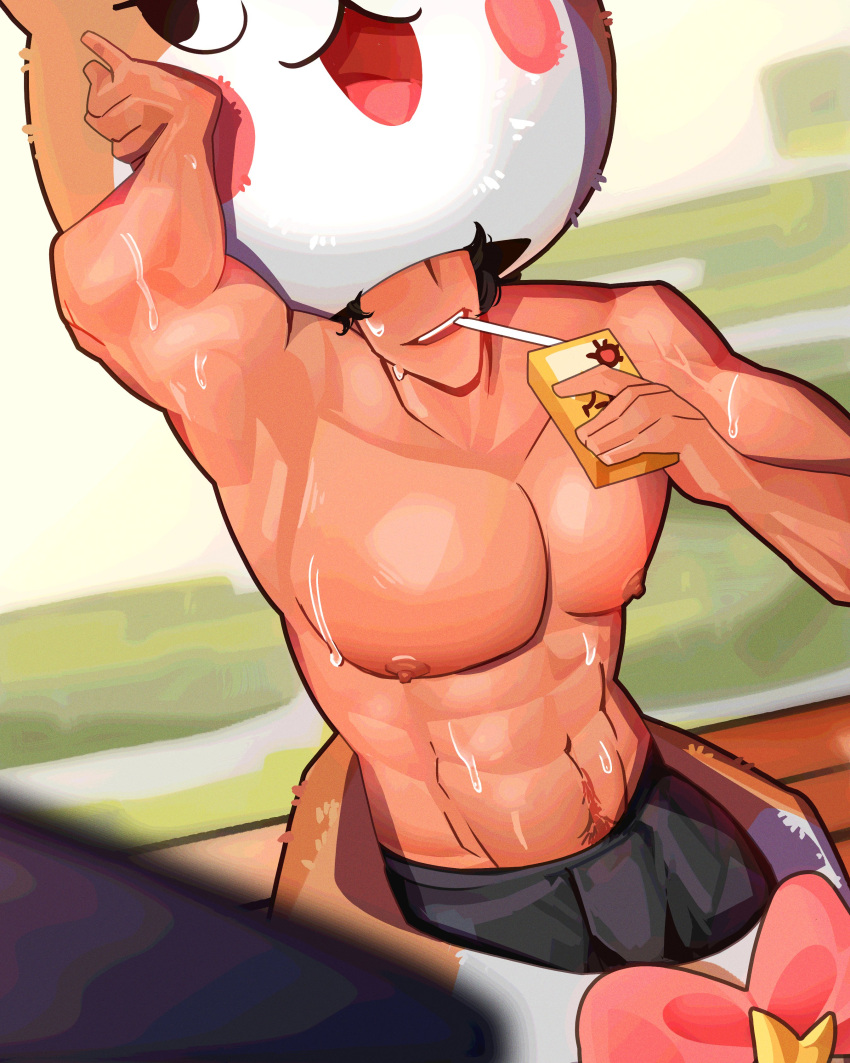 1boy abs absurdres armpits artistic_error black_hair black_male_underwear blurry blurry_background blush_stickers bow chiitan cowboy_shot crappwr0m drinking drinking_straw drinking_straw_in_mouth english_commentary faceless faceless_male foreshortening highres holding_juice_box holding_mascot_head juice_box male_focus male_underwear mascot_costume muscular muscular_male navel nipples parted_lips susaki sweat teeth topless_male underwear upper_teeth_only yuru-chara