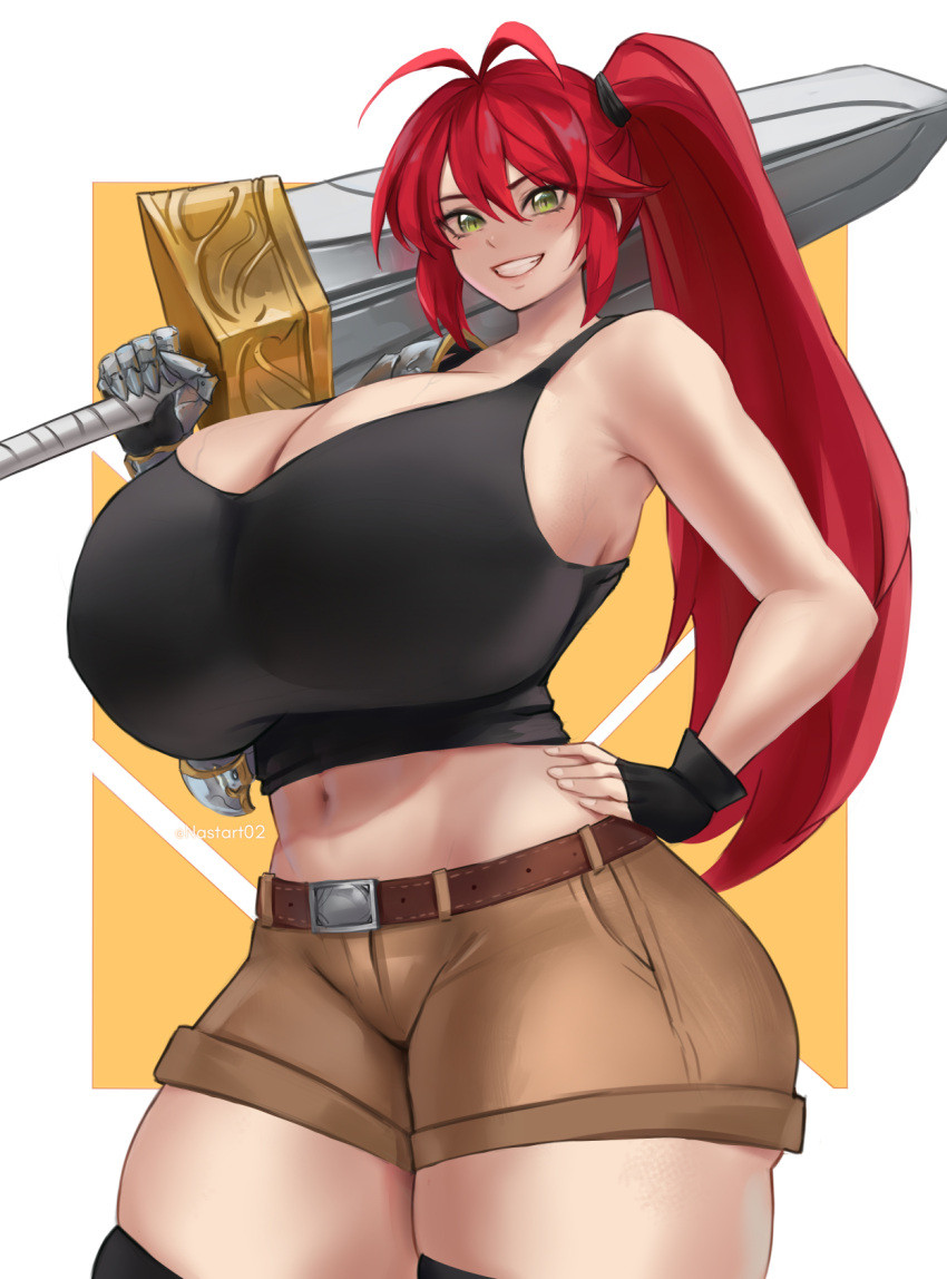 antenna_hair armor artist_name belt black_gloves black_tank_top black_thighhighs breasts brown_belt cleavage commission english_commentary female fingerless_gloves gigantic_breasts gloves greaves green_eyes hair_between_eyes highres holding holding_sword holding_weapon looking_at_viewer nastart navel original over_shoulder parted_lips shoulder_armor side_ponytail single_fingerless_glove single_greave skindentation smile solo sword tank_top thick_thighs thighhighs thighs weapon weapon_over_shoulder