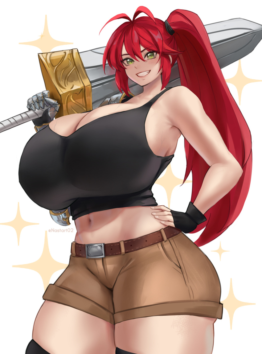 antenna_hair armor artist_name belt black_gloves black_tank_top black_thighhighs breasts brown_belt cleavage commission english_commentary female fingerless_gloves gigantic_breasts gloves greaves green_eyes hair_between_eyes highres holding holding_sword holding_weapon looking_at_viewer nastart navel original over_shoulder parted_lips shoulder_armor side_ponytail single_fingerless_glove single_greave skindentation smile solo sparkle sword tank_top thick_thighs thighhighs thighs weapon weapon_over_shoulder