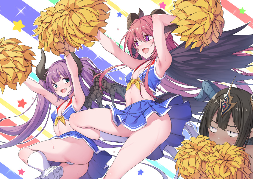 3girls :d absurdres armpits arms_up asa_(xametaler) black_horns black_wings blue_skirt blush breasts brown_hair center-flap_bangs cheering cheerleader commentary constricted_pupils curled_horns dark-skinned_female dark_skin demon_horns demon_wings eithne_(sennen_sensou_aigis) embarrassed ethnea_(sennen_sensou_aigis) floating_hair front-tie_top green_eyes hair_between_eyes harmonia_(sennen_sensou_aigis) highres holding holding_pom_poms horns jitome leg_up long_hair looking_at_another miniskirt multiple_girls navel oerba_yun_fang panties pantyshot pleated_skirt pointy_ears pom_pom_(cheerleading) purple_eyes purple_hair red_hair sennen_sensou_aigis shoes sideways_glance skirt small_breasts smile sneakers socks sparkle star_(symbol) starry_background sweat two_side_up underwear very_long_hair white_background white_footwear white_socks wings