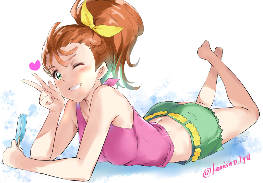 ass barefoot female food green_eyes green_shorts grin hair_ribbon heart highres holding holding_food holding_popsicle kamishiro_ryuu legs_up looking_at_viewer lying midriff natsuumi_manatsu on_stomach one_eye_closed orange_hair pink_tank_top ponytail popsicle precure ribbon shorts smile tank_top tropical-rouge!_precure v yellow_ribbon