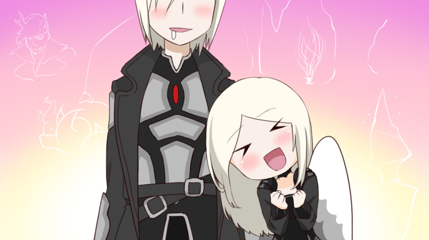 >_< 1boy :d angel_wings armor avacyn bad_id bad_pixiv_id belt blush chibi closed_eyes coat drooling female griselbrand happy height_difference kotoura-san long_hair magic:_the_gathering open_mouth parody photoshop_(medium) smile sonna_koto_ura_no_mata_urabanashi_desho? sorin_markov tenbin_gashira tibalt trench_coat white_hair wings xd