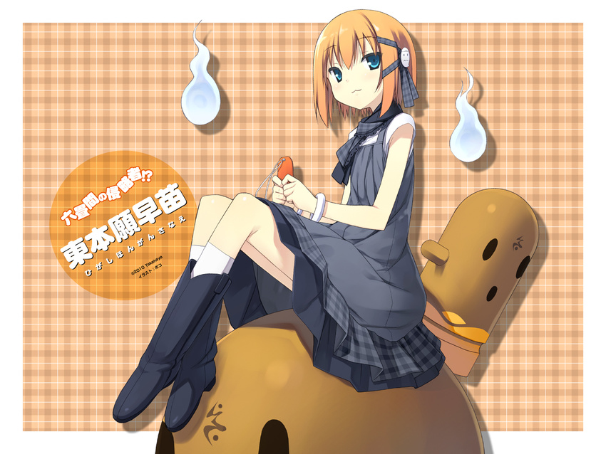 :3 blue_eyes bob_cut boots bracelet dress female hair_ribbon higashihongan_sanae highres hitodama jewelry karama knee_boots korama necktie official_art official_wallpaper orange_hair pinafore_dress pleated_skirt poco_(asahi_age) ribbon rokujouma_no_shinryakusha!? sitting skirt sleeveless sleeveless_dress solo spirit