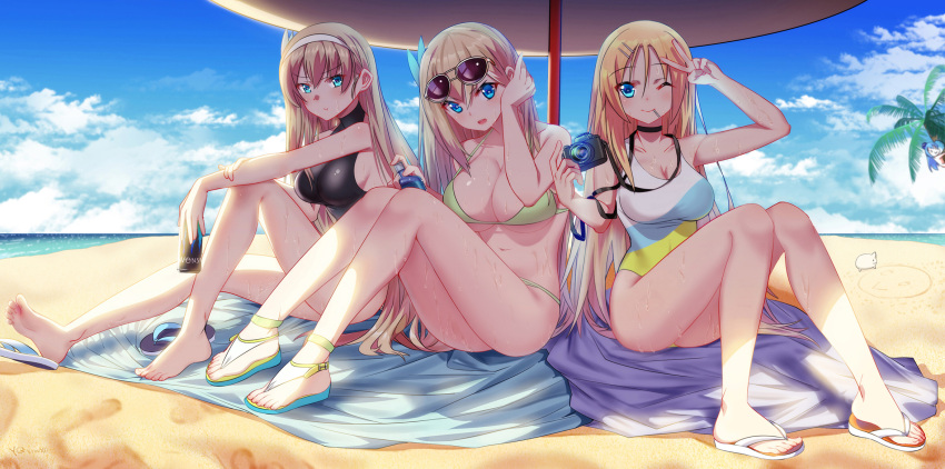 4girls alternate_costume barefoot beach beach_towel beach_umbrella bikini blonde_hair blue_eyes blue_hair blue_headwear blue_one-piece_swimsuit blue_sky breasts camera can cang_se_ye_hua casual_one-piece_swimsuit closed_mouth cloud collarbone commentary_request covered_navel day energy_drink eyewear_on_head feet galo_(warship_girls_r) green_bikini hair_ornament hairband hairclip hat highres holding holding_camera holding_can large_breasts legs lexington_(cv-16)_(warship_girls_r) lexington_(warship_girls_r) long_hair mini_hat monster_energy multicolored_clothes multicolored_swimsuit multiple_girls navel ocean one-piece_swimsuit one_eye_closed open_mouth outdoors palm_tree photoshop_(medium) quincy_(warship_girls_r) revision sand sandals saratoga_(warship_girls_r) sitting sky soles sunglasses swimsuit toes towel tree umbrella v very_long_hair warship_girls_r wet white_hairband white_one-piece_swimsuit yellow_one-piece_swimsuit