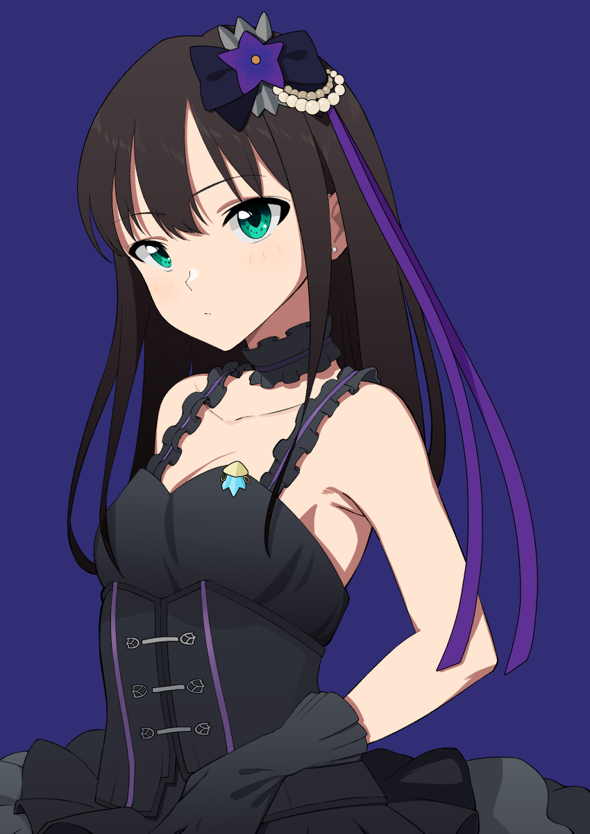 absurdres black_bow black_choker black_dress black_gloves blue_background bow breasts brown_hair choker cleavage closed_mouth collarbone dress earrings female flower garuku1120 gloves green_eyes hair_between_eyes hair_flower hair_ornament hair_ribbon hairbow highres idolmaster idolmaster_cinderella_girls jewelry layered_dress long_hair medium_breasts project_krone_(idolmaster) purple_flower purple_ribbon ribbon shibuya_rin simple_background sleeveless sleeveless_dress solo straight_hair underbust upper_body