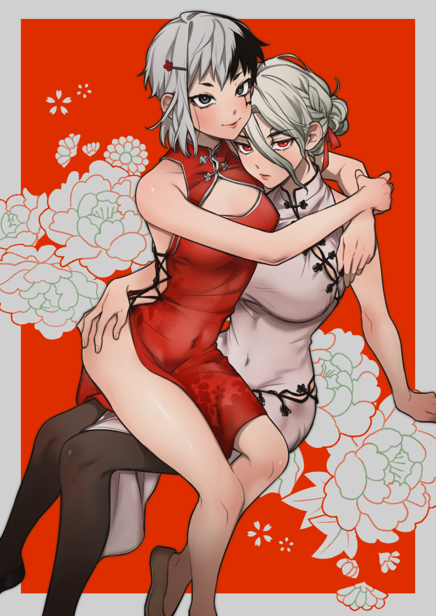 2girls absurdres asagiri_gen black_hair black_thighhighs breasts china_dress chinese_clothes commentary_request covered_navel dcon_34 dr._stone dress genderswap_(mtf) grey_eyes grey_hair hair_ornament hairclip hands_on_ass highres hug ishigami_senkuu large_breasts medium_breasts medium_hair multicolored_hair multiple_girls no_panties pantyhose red_dress red_eyes rule_63 sitting sitting_on_person streaked_hair thighhighs white_dress white_hair yuri