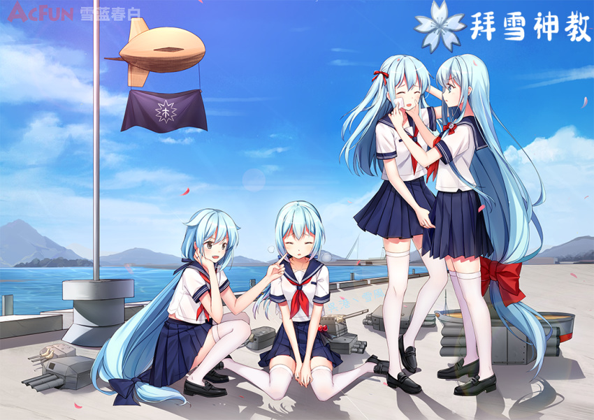 4girls absurdly_long_hair black_footwear blue_eyes blue_hair blue_skirt blue_sky cannon closed_eyes cloud day fubuki_(warship_girls_r) grey_eyes hair_flaps harbor hatsuyuki_(warship_girls_r) loafers long_hair low-tied_long_hair machinery miyuki_(warship_girls_r) mountain multiple_girls neckerchief neet_cangshu ocean outdoors pleated_skirt red_neckerchief sailor_collar school_uniform serafuku shirayuki_(warship_girls_r) shirt shoes short_sleeves sitting skirt sky standing thighhighs torpedo_launcher turret two_side_up very_long_hair wariza warship_girls_r white_legwear white_shirt