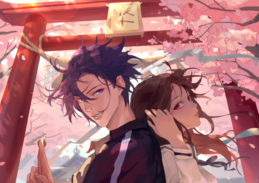 1boy back-to-back black_neckwear blue_eyes brown_hair cherry_blossoms coin eyeshadow female fingernails hair_between_eyes holding holding_coin iki_hiyori makeup mmmilk noragami outdoors parted_lips petals pink_eyeshadow pink_lips purple_hair signature smile teeth torii tree upper_body yato_(noragami)