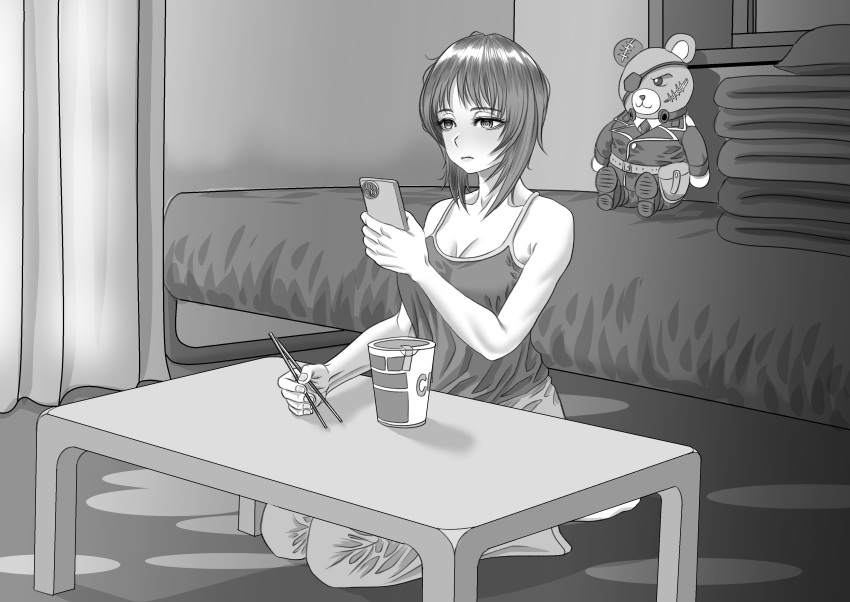 absurdres alternate_costume bare_shoulders bed bed_sheet boko_(girls_und_panzer) breasts camisole casual cellphone chopsticks commentary_request cup_ramen curtains eyepatch female girls_und_panzer greyscale highres holding holding_chopsticks holding_phone indoors looking_at_phone monochrome nishizumi_miho pants phone scar scar_on_ear scar_on_face seiza shirt sitting sleeveless sleeveless_shirt smartphone stuffed_animal stuffed_toy table tank_top teddy_bear tigern_(tigern28502735)