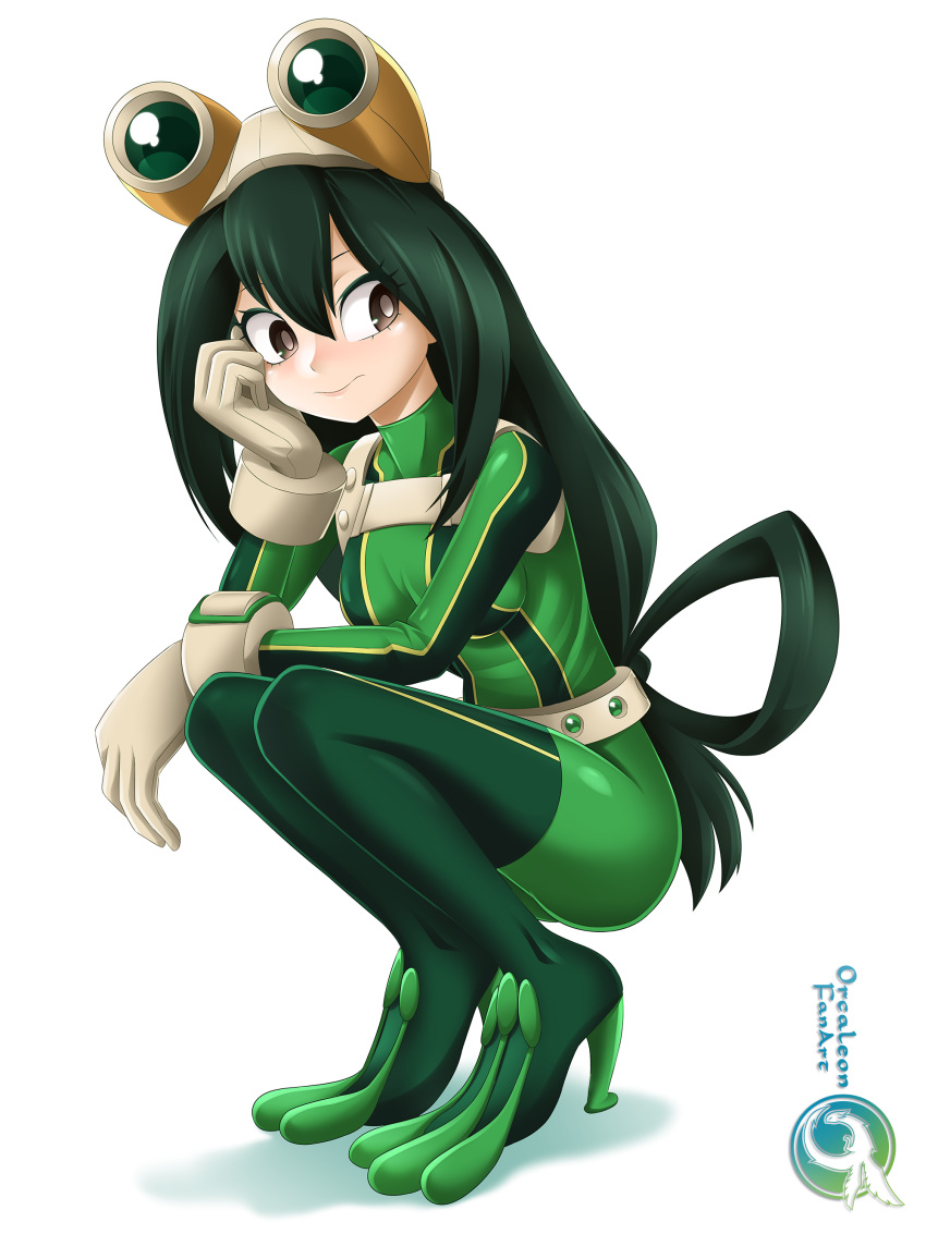 absurdres artist_name asui_tsuyu belt bodysuit boku_no_hero_academia breasts bright_pupils brown_eyes closed_mouth eyelashes female gloves goggles goggles_on_head green_bodysuit hair_between_eyes hair_rings high_heels highres long_hair looking_afar looking_to_the_side medium_breasts orcaleon smile solo squatting white_background white_belt white_gloves white_pupils