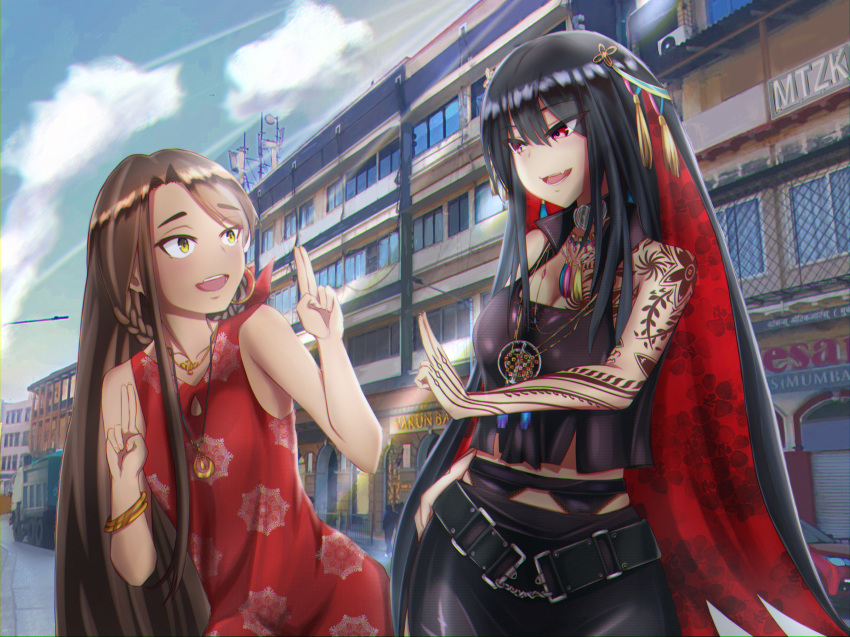 2girls aadya_(nijisanji) black_hair bracelet brown_hair choker commentary_request dress earrings green_eyes highres jewelry midriff mtzk_pawoo multiple_girls necklace nijisanji nijisanji_in noor_(nijisanji) oerba_yun_fang red_eyes skin_fang sleeveless tattoo virtual_youtuber