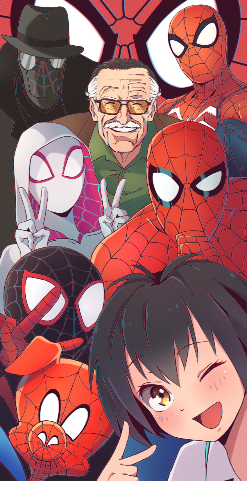 2girls 5boys ;d absurdres black_hair chromatic_aberration closed_eyes commentary_request double_v facial_hair fedora hat highres hood kukie-nyan looking_at_viewer marvel moustache multiple_boys multiple_girls one_eye_closed open_mouth peni_parker peter_parker real_life smile spider-gwen spider-ham spider-man spider-man:_into_the_spider-verse spider-man_(miles_morales) spider-man_(series) spider-man_noir spider-verse stan_lee sunglasses superhero_costume v