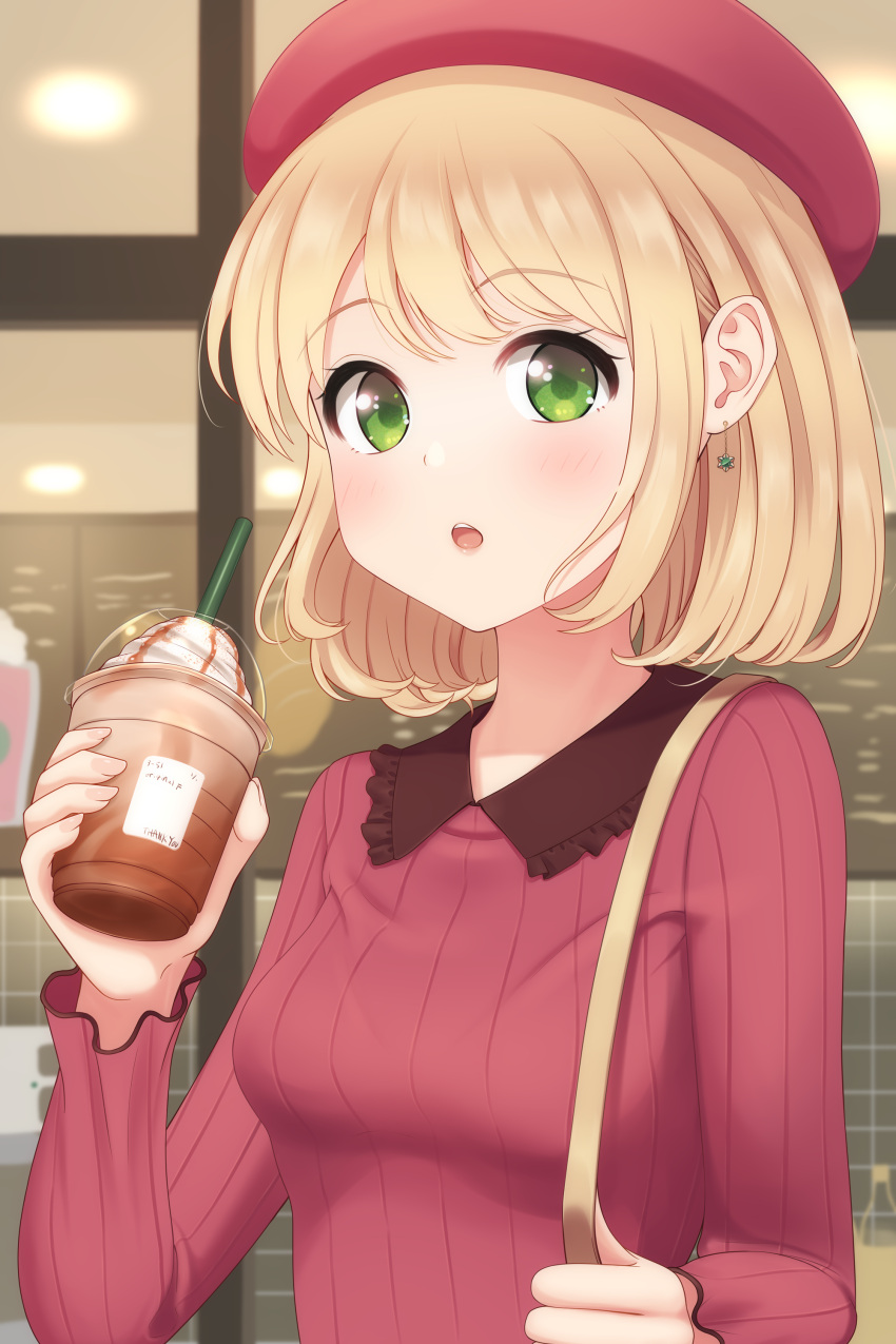 :o absurdres beret blonde_hair blush breasts coffee collared_shirt commentary_request cup disposable_cup drink drinking_straw earrings female frappe_konkichi furou green_eyes hand_up hat highres holding holding_drink jewelry knit_(pop'n_music) lipstick long_sleeves looking_at_viewer makeup medium_breasts medium_hair open_mouth pink_sweater pop'n_music red_hat ribbed_sweater shirt sidelocks solo sweater swept_bangs teeth upper_body upper_teeth_only whipped_cream