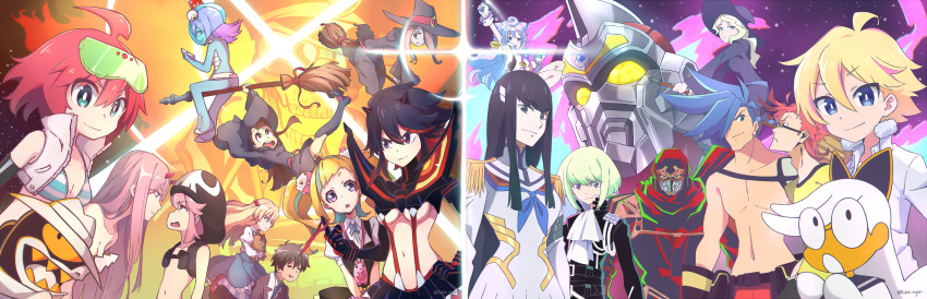 6+boys 6+girls absurdres ahoge alpha_omega_nova andou_jurai aqua_skin arm_up bikini black_eyes black_hair blonde_hair blue_eyes blue_hair blue_neckwear breasts bright_pupils broom broom_riding closed_mouth company_connection crossover darling_in_the_franxx diana_cavendish elbow_gloves english_commentary fujikido_kenji galo_thymos gloves green_eyes green_hair gridman_(character) gridman_(ssss) gridman_universe hacka_doll hacka_doll_3 hair_between_eyes hair_over_one_eye hat highres himeki_chifuyu hood hood_up inferno_cop inferno_cop_(character) inou-battle_wa_nichijou-kei_no_naka_de jakuzure_nonon junketsu kagari_atsuko kill_la_kill kiryuuin_satsuki kiznaiver kukie-nyan lio_fotia little_witch_academia long_hair looking_at_another looking_at_viewer looking_up machspeed_(character) mask matoi_ryuuko mecha midori_(uchuu_patrol_luluco) multicolored_hair multiple_boys multiple_crossover multiple_girls navel niiyama_nico ninja ninja_slayer open_mouth otoko_no_ko pectorals pink_hair promare red_hair robot se-chan senketsu sex_&_violence_with_machspeed shirt short_hair sidelocks skull smile spiked_hair ssss.gridman standing stuffed_toy sucy_manbavaran sunglasses swimsuit tenga_hajime thick_eyebrows trigger-chan trigger_(company) twintails twitter_username two-tone_hair uchuu_patrol_luluco underboob v-shaped_eyebrows white_pupils witch_hat yellow_shirt zero_two_(darling_in_the_franxx)