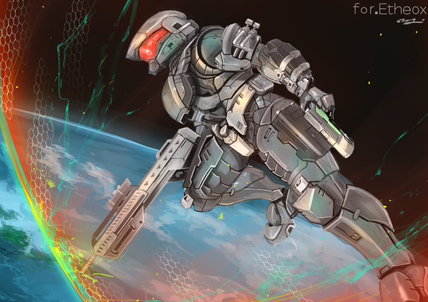 1boy armor assault_visor atmospheric_reentry battle_rifle br55 bullpup commission denjyou23 energy energy_barrier glowing gun halo_(series) halo_infinite handgun helmet holding holding_gun holding_weapon male_focus planet power_armor rifle science_fiction skeb_commission solo space spartan_(halo) weapon