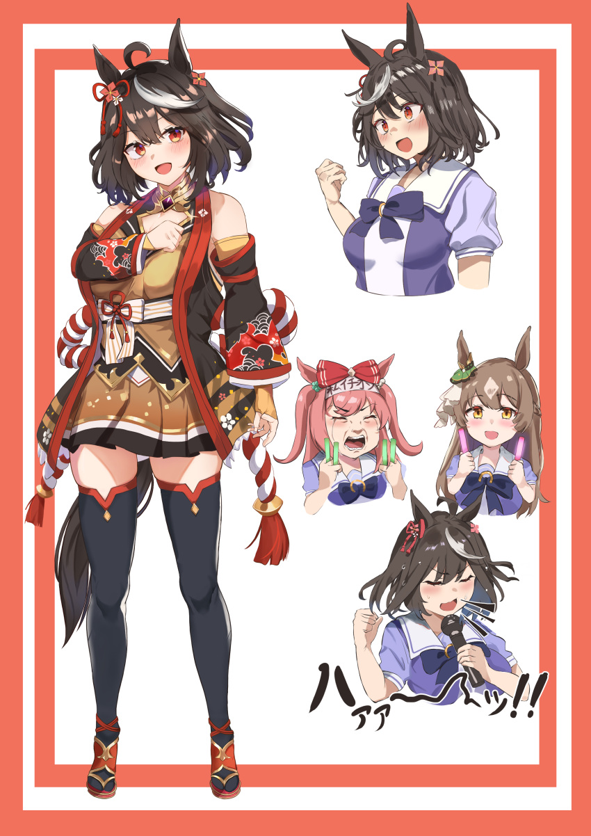 3girls absurdres agnes_digital_(umamusume) ahoge animal_ears bare_shoulders black_hair black_thighhighs bow brown_hair chanchanko_(clothes) cleavage_cutout clenched_hand closed_eyes clothing_cutout crying diffraction_spikes dual_wielding ear_ornament enka full_body glowstick hachimaki hair_between_eyes hairbow headband highres holding holding_microphone horin horse_ears horse_girl horse_tail japanese_clothes kitasan_black_(umamusume) kouhaku_nawa light_brown_hair long_hair meme microphone multicolored_hair multiple_girls music oota_kuniyoshi_face_(meme) pink_hair red_bow red_eyes rope sandals satono_diamond_(umamusume) school_uniform shimenawa singing sparkle streaming_tears summer_uniform tachi-e tail tears thighhighs tracen_school_uniform two-tone_hair two_side_up umamusume upper_body white_background yellow_eyes zettai_ryouiki