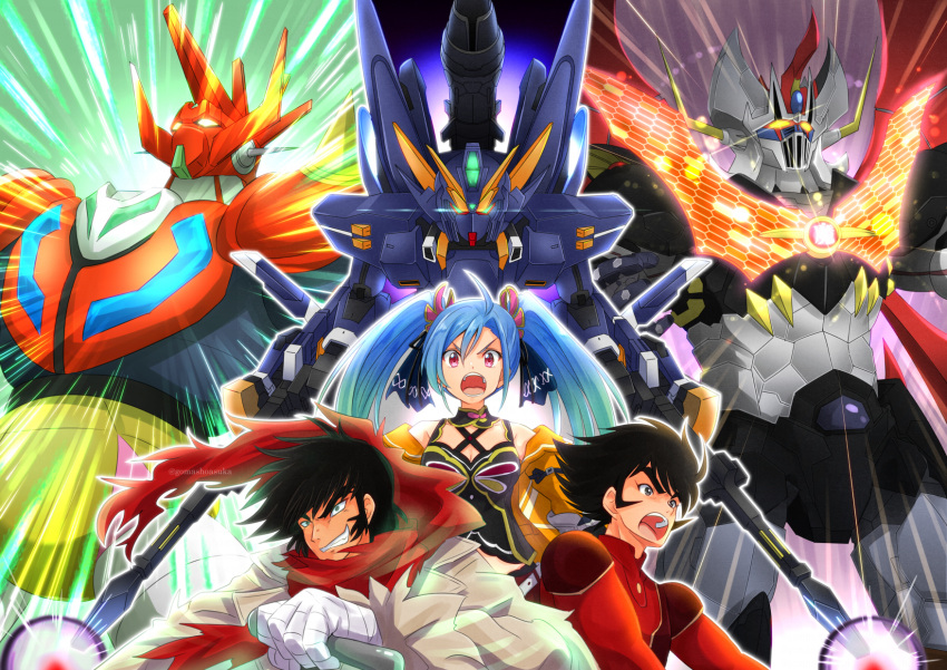 2boys az_sainklaus black_eyes black_hair blue_hair dual_wielding female firing floating_hair getter_robo glowing glowing_eyes gomasho_asuka gradient_hair green_eyes green_hair gun hair_behind_ear highres holding holding_gun holding_weapon huckebein_30th kabuto_kouji looking_at_viewer mazinger_(series) mazinger_z mazinger_z:_infinity mazinkaiser mazinkaiser_(robot) mecha multicolored_hair multiple_boys nagare_ryoma red_scarf robot scarf science_fiction shin_getter_dragon shin_getter_robo sideburns smile super_robot super_robot_wars super_robot_wars_30 twintails v-fin v-shaped_eyebrows weapon yellow_eyes