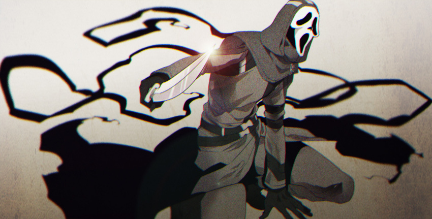 1boy arm_strap belt black_belt black_cloak black_gloves cloak dead_by_daylight film_grain ghostface gloves hand_on_ground holding holding_knife hood knife looking_at_viewer male_focus mask mizu_cx shiny solo squatting