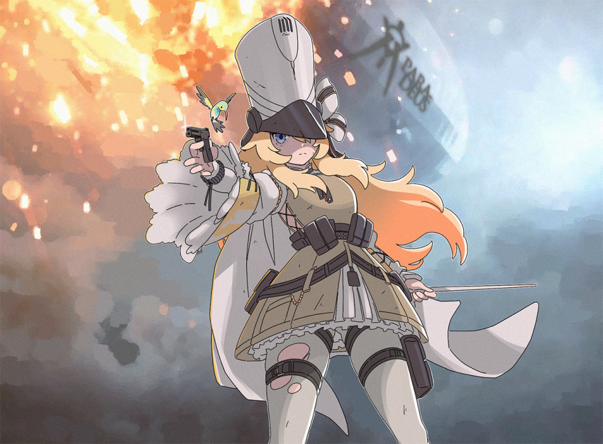 aircraft battlefield_(series) battlefield_1 bird blonde_hair blue_eyes brown_dress commentary commission dirigible dress female girls'_frontline gun hat holding holding_gun holding_wand holding_weapon hummingbird kolibri kolibri_(girls'_frontline) long_hair looking_at_viewer pantyhose parody pixiv_commission pouch solo tab_(tabkun) thigh_pouch torn_clothes torn_pantyhose wand weapon white_hat white_pantyhose