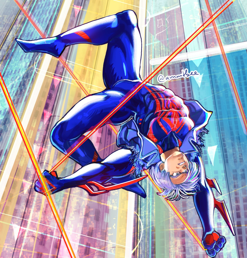 1boy amartbee blue_bodysuit bodysuit building clenched_hands commentary cosplay day denim denim_jacket dragon_ball dragon_ball_z english_commentary flexible highres jacket male_focus marvel outdoors outstretched_arm solo spider-man_(2099) spider-man_(2099)_(cosplay) spider-man_(series) toned toned_male trunks_(dragon_ball) white_hair