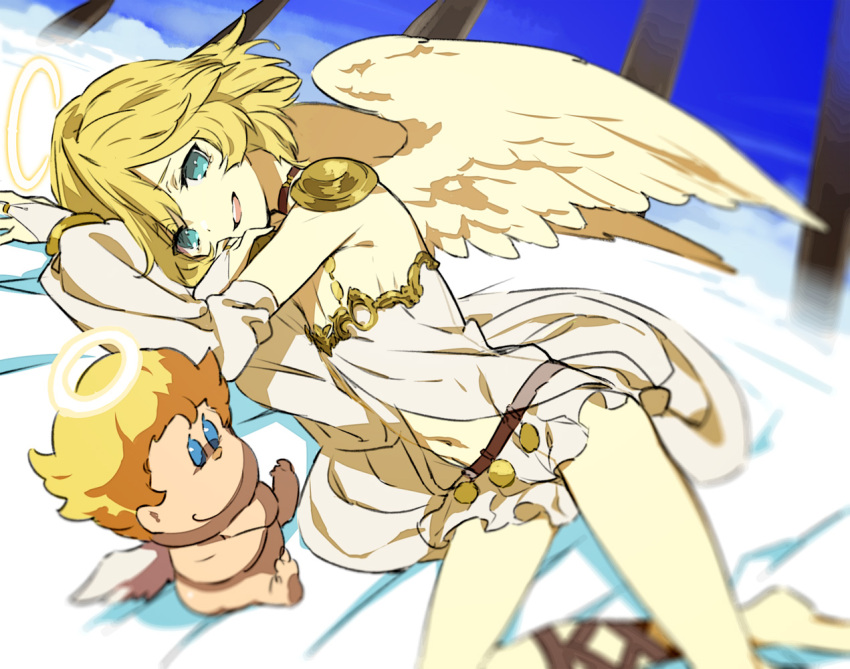 1other actraiser actraiser_renaissance angel angel_(actraiser_renaissance) angel_wings aqua_eyes blonde_hair cherub feathered_wings feet_out_of_frame female full_body gabu_(az210309) halo long_sleeves lying on_side puffy_sleeves smug wings