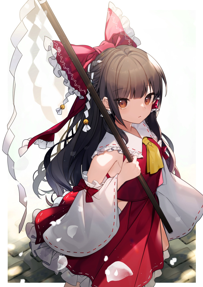 :o absurdres ascot bare_shoulders bow breasts brown_eyes brown_hair closed_mouth commentary cowboy_shot daimaou_ruaeru detached_sleeves female frills gohei hair_tubes hairbow hakurei_reimu hand_up highres holding holding_stick light_blush long_hair looking_at_viewer petticoat red_bow red_skirt red_vest simple_background skirt small_breasts solo standing stick symbol-only_commentary touhou very_long_hair vest white_background yellow_ascot