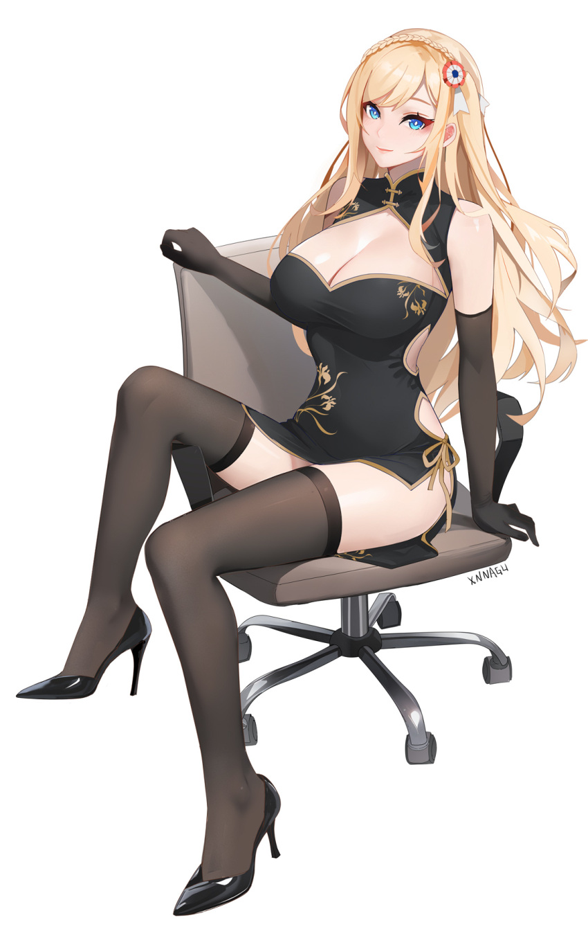 alternate_costume arm_support artist_name black_dress black_footwear black_gloves black_thighhighs blonde_hair blue_eyes braid breasts bright_pupils chair china_dress chinese_clothes chinese_commentary cleavage cleavage_cutout closed_mouth clothing_cutout commentary_request crown_braid dress elbow_gloves female gloves hair_ornament high_heels highres large_breasts legs light_blush long_hair looking_at_viewer office_chair on_chair pumps richelieu_(warship_girls_r) side-tie_dress simple_background sitting sitting_sideways solo swivel_chair thighhighs very_long_hair warship_girls_r white_background white_pupils xnnagu