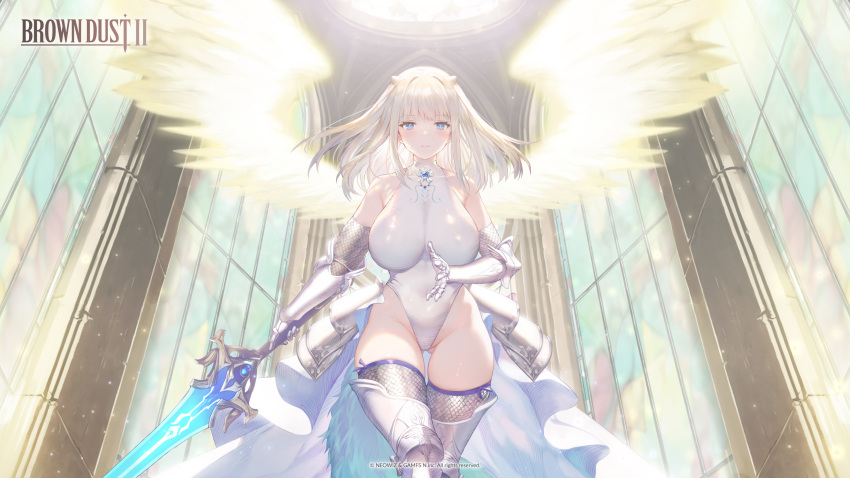 absurdres angel_wings armor armored_skirt armpit_crease ass blonde_hair blue_eyes blush breasts brown_dust_2 chainmail church closed_mouth copyright_name feet_out_of_frame female gauntlets greaves groin highleg highleg_leotard highres holding holding_sword holding_weapon justia_(brown_dust) justia_(reclaimed_destiny)_(brown_dust) large_breasts leotard looking_at_viewer medium_hair official_art official_wallpaper second-party_source small_horns solo stained_glass sword thighhighs waist_cape weapon white_leotard wings