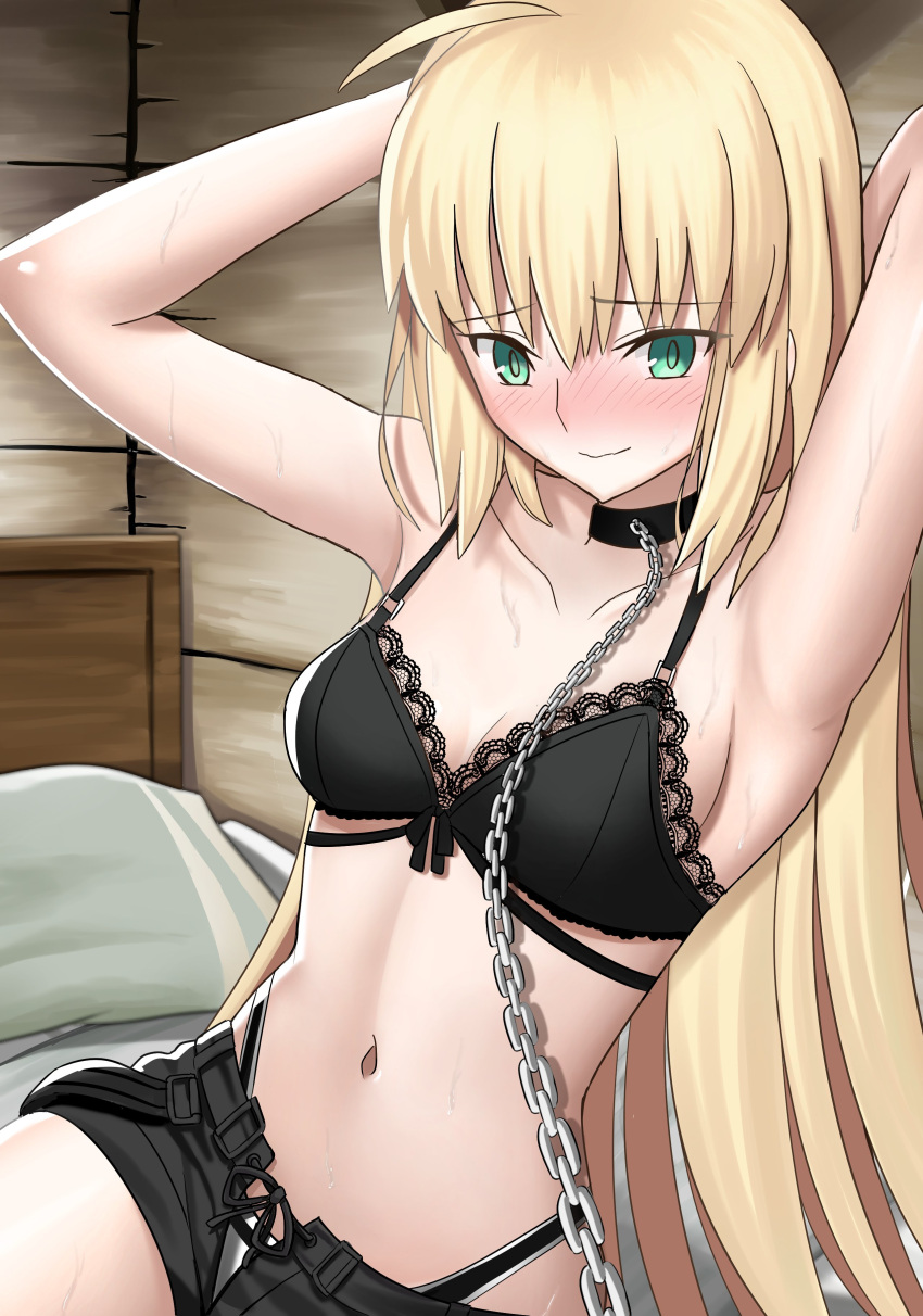 absurdres ahoge arms_behind_head arms_up artoria_caster_(fate) artoria_caster_(swimsuit)_(fate) artoria_pendragon_(fate) bikini black_bra black_choker blonde_hair blush bra breasts chain_leash chains choker fate/grand_order fate_(series) female frilled_bra frills green_eyes highleg highleg_bikini highres indoors lace-trimmed_bra lace_trim leash long_hair longdq3008 navel nervous_smile sideboob small_breasts smile solo sweat swimsuit swimsuit_under_clothes underwear wooden_wall