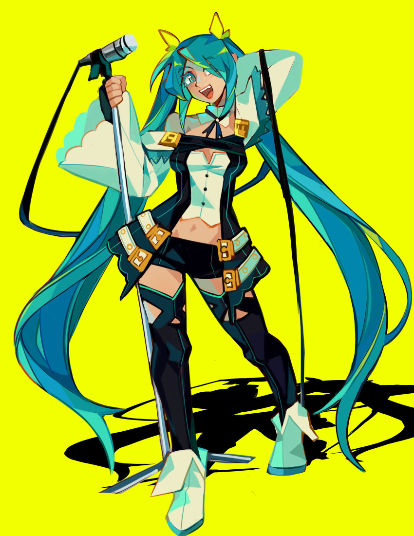 absurdres bare_shoulders belt black_thighhighs blue_eyes blue_hair borcheim commentary cosplay dizzy_(guilty_gear) dizzy_(guilty_gear)_(cosplay) english_commentary female full_body guilty_gear guilty_gear_xrd hair_ribbon hair_rings hatsune_miku highres long_hair looking_at_viewer microphone midriff miku_day open_mouth red_eyes ribbon shadow short_shorts shorts smile solo tail tail_ornament tail_ribbon thighhighs vocaloid wide_sleeves yellow_ribbon