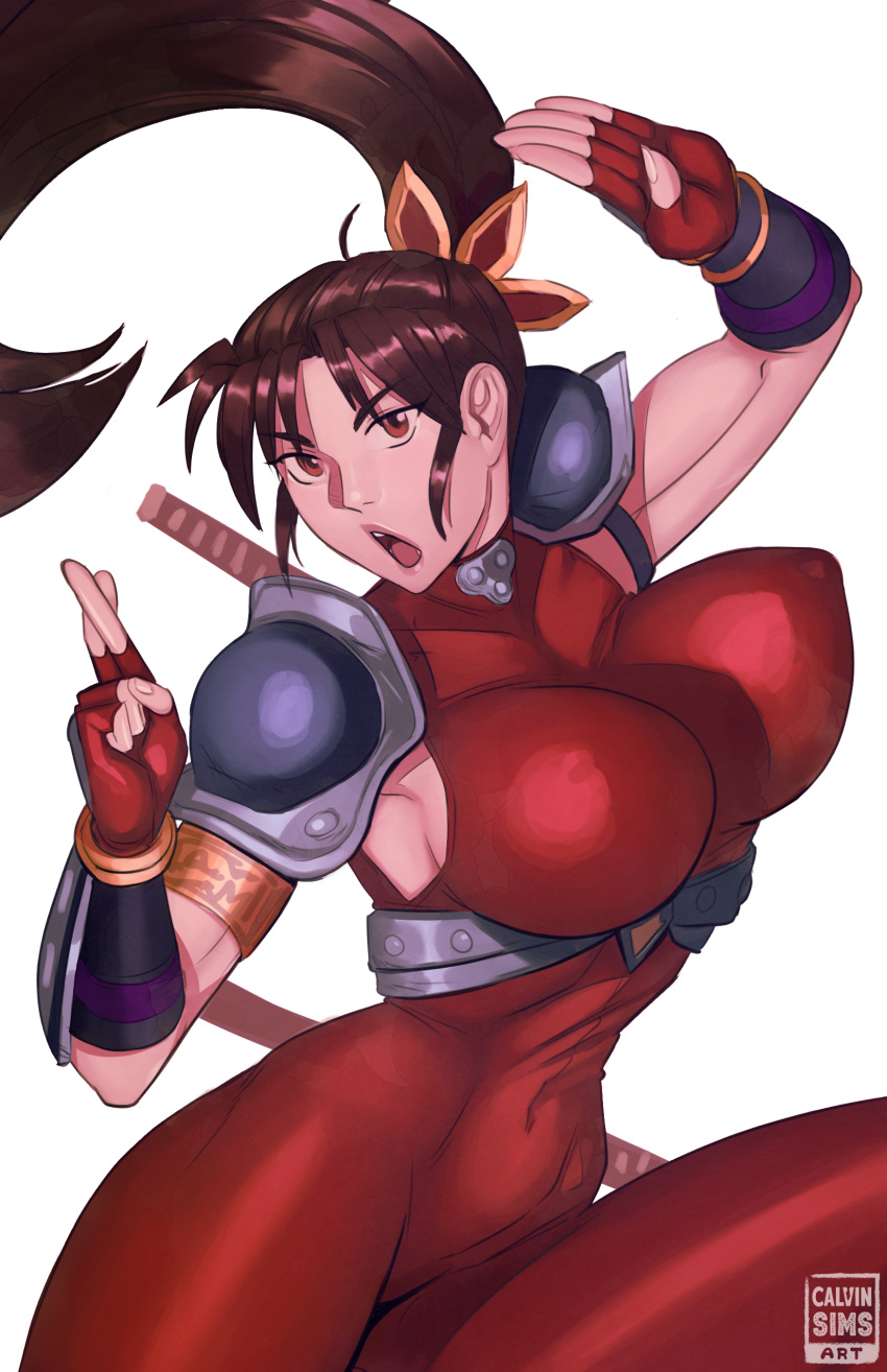 absurdres artist_name breasts brown_eyes brown_hair calvin_sims covered_nipples crossed_fingers female fingerless_gloves gloves highres jumpsuit long_hair looking_at_viewer ninja shoulder_pads soulcalibur sword taki_(soulcalibur) weapon