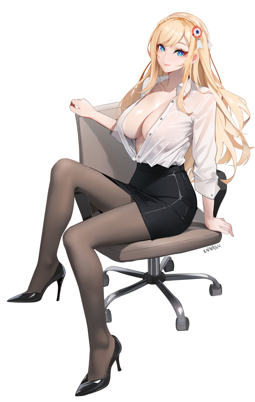 alternate_costume arm_support artist_name black_footwear black_pantyhose black_skirt blonde_hair blue_eyes braid breasts bright_pupils chair chinese_commentary closed_mouth collared_shirt commentary_request crown_braid dress_shirt female hair_ornament high-waist_skirt high_heels highres large_breasts legs light_blush long_hair looking_at_viewer no_bra office_chair on_chair pantyhose pencil_skirt pumps richelieu_(warship_girls_r) shirt shirt_tucked_in simple_background sitting sitting_sideways skirt sleeves_rolled_up solo swivel_chair unbuttoned unbuttoned_shirt very_long_hair warship_girls_r white_background white_pupils white_shirt xnnagu