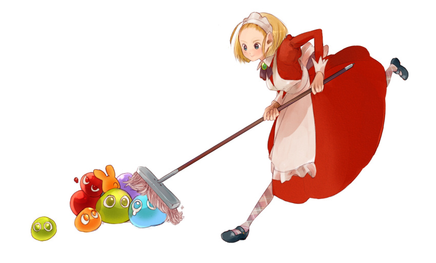 apron bad_id bad_pixiv_id blonde_hair blue_eyes broom female kikimora_(puyopuyo) maid maid_headdress menokurage pantyhose plaid puyo_(puyopuyo) puyopuyo short_hair slime_(creature) solo teardrop