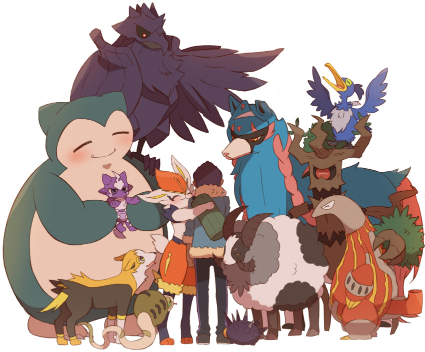 1boy aqua_jacket arms_at_sides bad_id bad_pixiv_id black_pants boltund cinderace comforting commentary_request corviknight cramorant dark-skinned_male dark_skin dubwool fur-trimmed_jacket fur_trim heatmor hop_(pokemon) hug jacket male_focus pants pincurchin pokemon pokemon_(creature) pokemon_swsh shoes silicobra snorlax standing trevenant white_background yoshino_(gunform) zacian