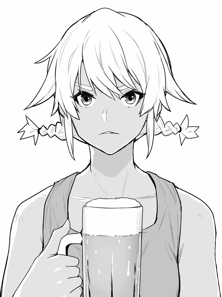 absurdres alcohol bare_shoulders beer beer_mug collarbone commentary_request cup dark-skinned_female dark_skin female flying_witch greyscale highres holding holding_cup ishizuka_chihiro kowata_akane looking_at_viewer monochrome mug parted_lips shirt sidelocks simple_background sleeveless sleeveless_shirt solo swept_bangs twintails upper_body v-shaped_eyebrows white_background