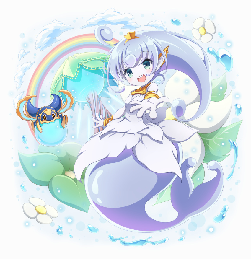 blue_hair blush commentary_request elemental_(creature) ever_oasis female flower foreshortening full_body green_eyes highres isuna_(ever_oasis) long_hair looking_at_viewer neru_(neruneruru) rainbow smile solo water_elemental