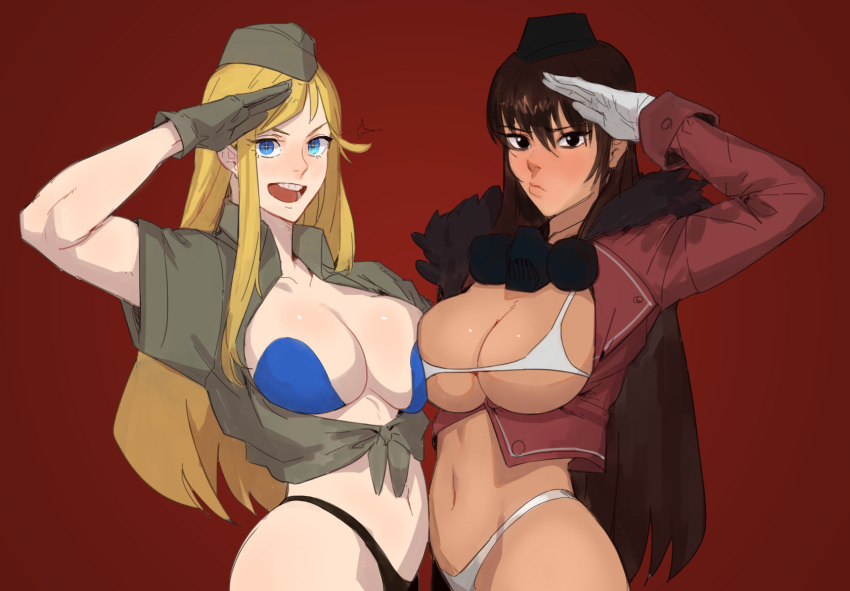 bikini black_eyes black_hair blonde_hair blue_bikini blush breasts bren_(girls'_frontline) brown_hair cleavage collarbone garrison_cap girls'_frontline gloves hat highres hong_doo jacket large_breasts long_hair looking_at_viewer m2hb_(girls'_frontline) military military_uniform multiple_girls navel open_mouth salute shirt smile swimsuit tied_shirt uniform white_bikini