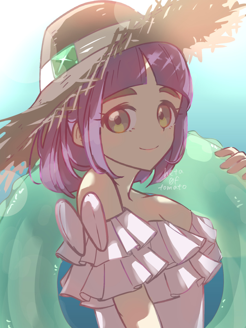 alternate_costume arched_bangs bare_shoulders brown_eyes brown_hat closed_mouth commentary_request eyelashes female frilled_shirt frills from_side gradient_background hand_up hat hetatomato_(nkgk7753) highres holding holding_swim_ring innertube lacey_(pokemon) looking_to_the_side off-shoulder_shirt off_shoulder pokemon pokemon_sv purple_hair shirt smile solo straw_hat swim_ring upper_body