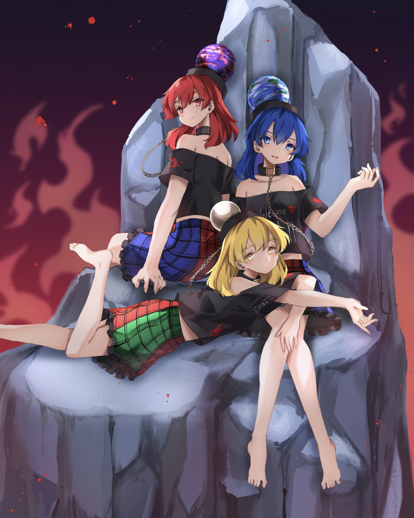 3girls absurdres bare_shoulders barefoot black_hat black_shirt blonde_hair blue_eyes blue_hair blush chains choker clothes_writing cosplay earth_(ornament) gold_chain hat hecatia_lapislazuli hecatia_lapislazuli_(cosplay) hecatia_lapislazuli_(earth) hecatia_lapislazuli_(moon) highres looking_at_viewer looking_back lying moon_(ornament) multicolored_clothes multicolored_skirt multiple_girls neold off-shoulder_shirt off_shoulder on_stomach red_eyes red_hair shirt sitting skirt smile touhou underworld_(ornament) yellow_eyes