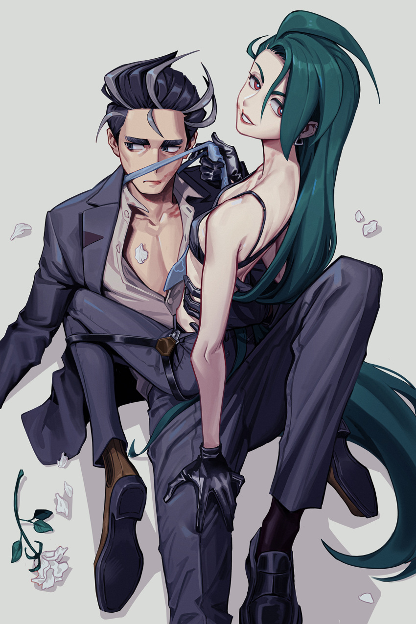 1boy after_kiss black_gloves black_hair black_jacket black_pants black_suit bra breasts bright_pupils collarbone collared_shirt dress_pants earrings female flower formal from_above gloves green_hair grey_background grey_hair grin highres jacket jewelry larry_(pokemon) lipstick lipstick_mark long_hair looking_at_viewer looking_back looking_to_the_side lying makeup multicolored_hair necktie necktie_grab neckwear_grab niccang on_back pants petals pokemon pokemon_sv ponytail red_eyes red_lips rika_(pokemon) shirt shoes simple_background small_breasts smeared_lipstick smile straddling straight suit suit_jacket two-tone_hair underwear white_flower white_pupils white_shirt